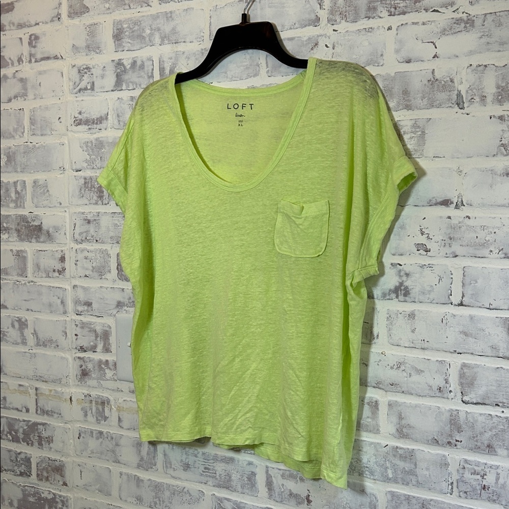 LOFT Linen Women's XL Pocket Tee Neon Green S/S Tshirt Lightweight Beach Summer - Picture 2 of 5